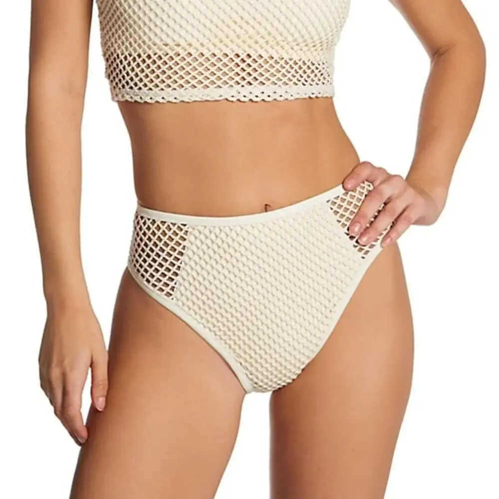 NWOT Robin Piccone Ecru Ivory Pua Fishnet High Waisted Bikini Bottoms Size L